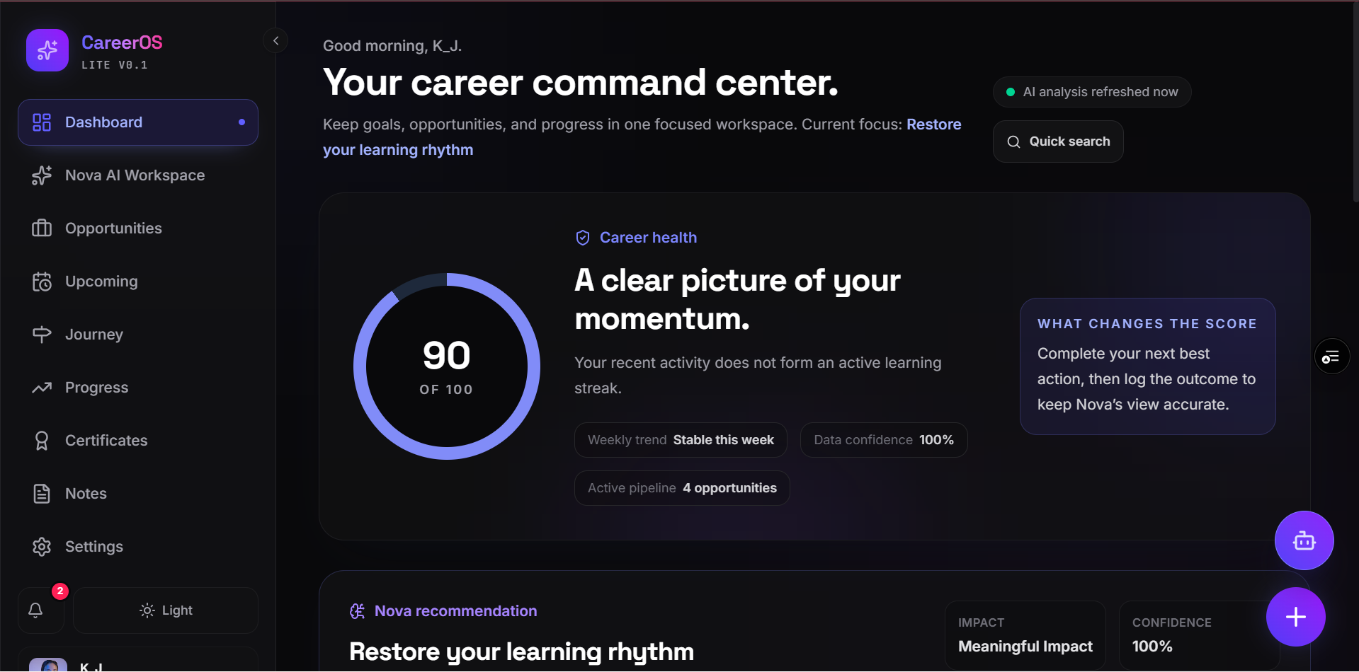 CareerOS Lite dashboard